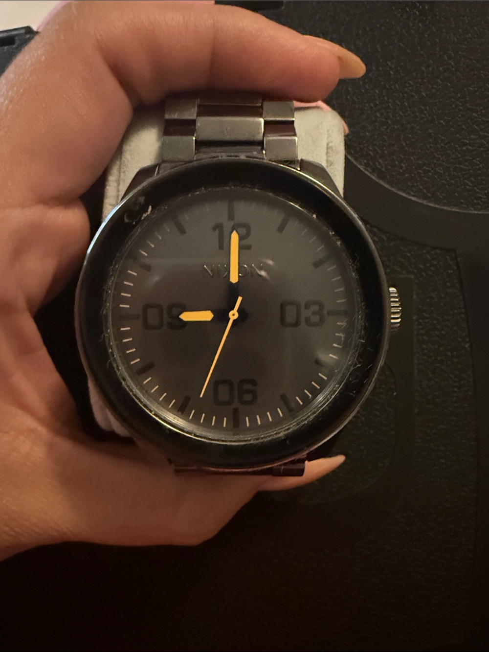 Nixon Black Dial Stainless Steel Watch with Yellow Hands no battery